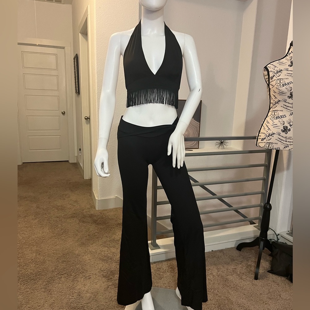 Black 2 piece - pants with slits, halter style top with fringe, cover shawl   Ge